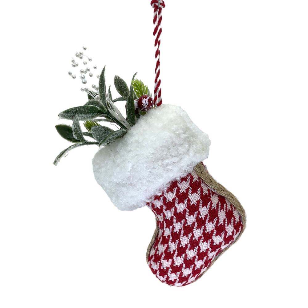 2 Red White Plaid Christmas Stocking Ornaments Farmhouse Hand Decorated - Picture 4 of 4